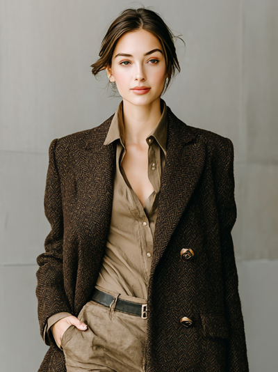 Long coat in wool blend with minimalist herringbone stripes