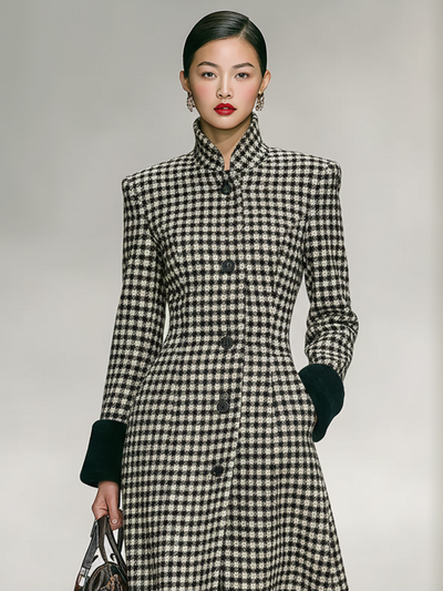 Long herringbone check coat in tweed blend with high collar and hem