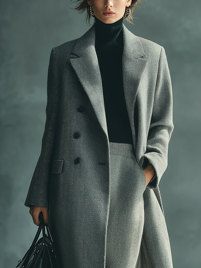 Gray coat made of wool and fiber blend with herringbone pattern.