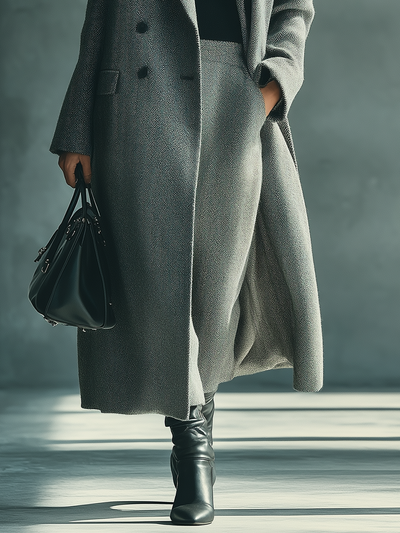 Gray coat made of wool and fiber blend with herringbone pattern.