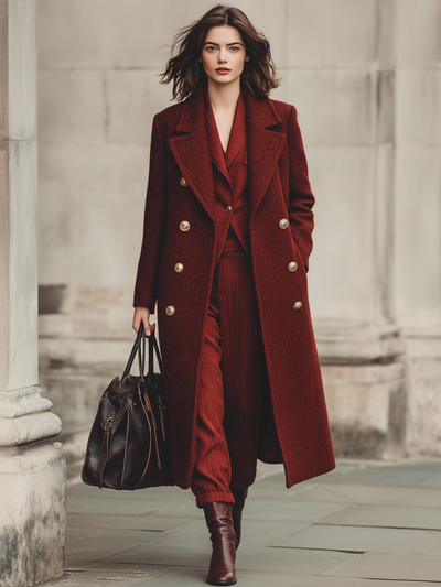 Minimalist double-breasted long coat with wool blend