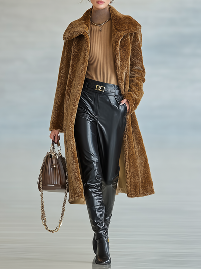 Mid-length plush coat with lapel