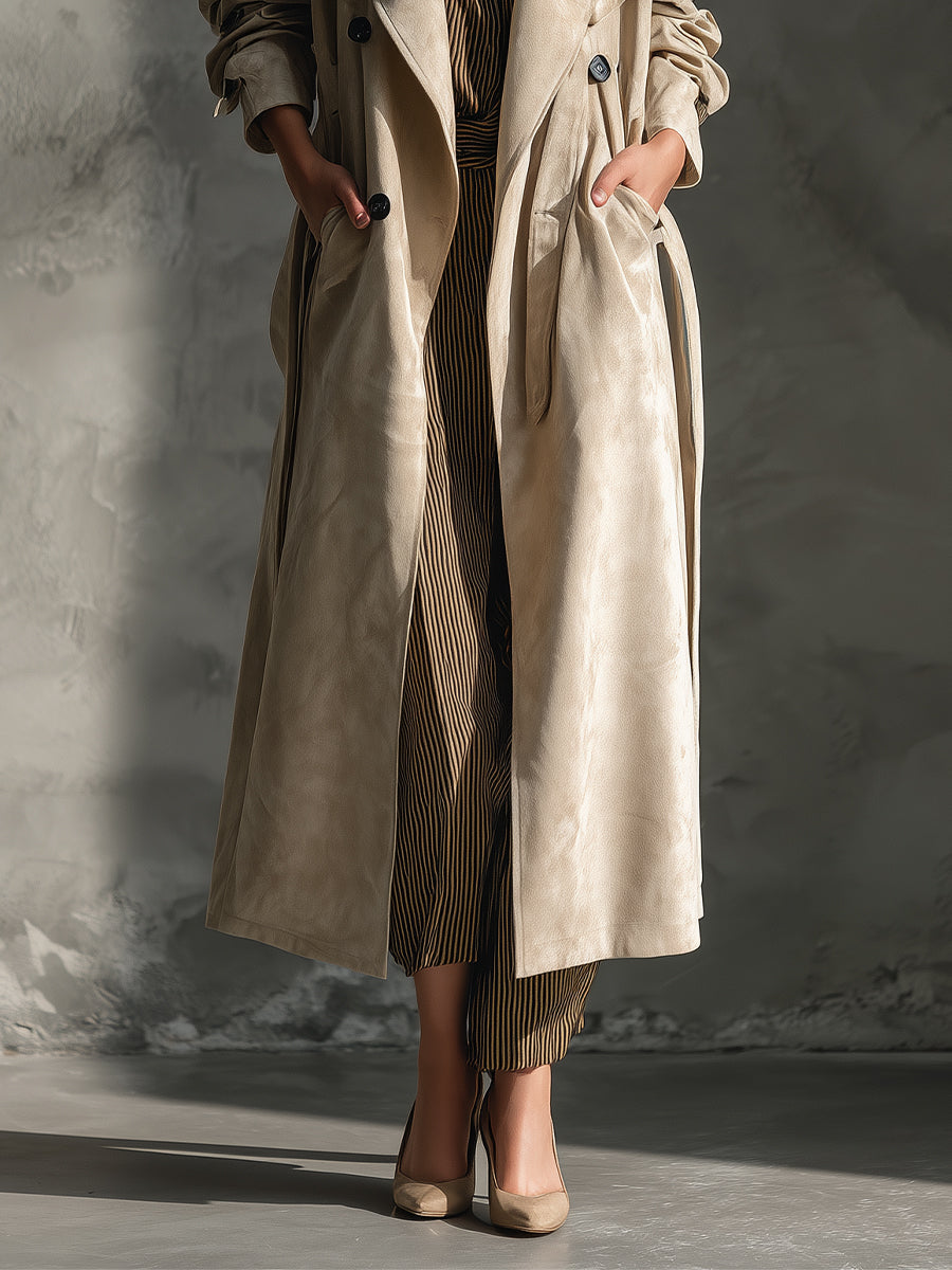 Classic beige suede gabardine coat with double-breasted buttons