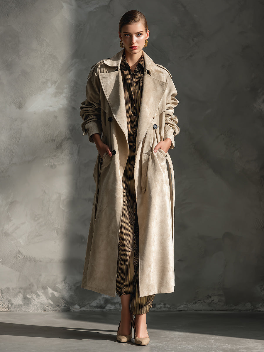 Classic beige suede gabardine coat with double-breasted buttons