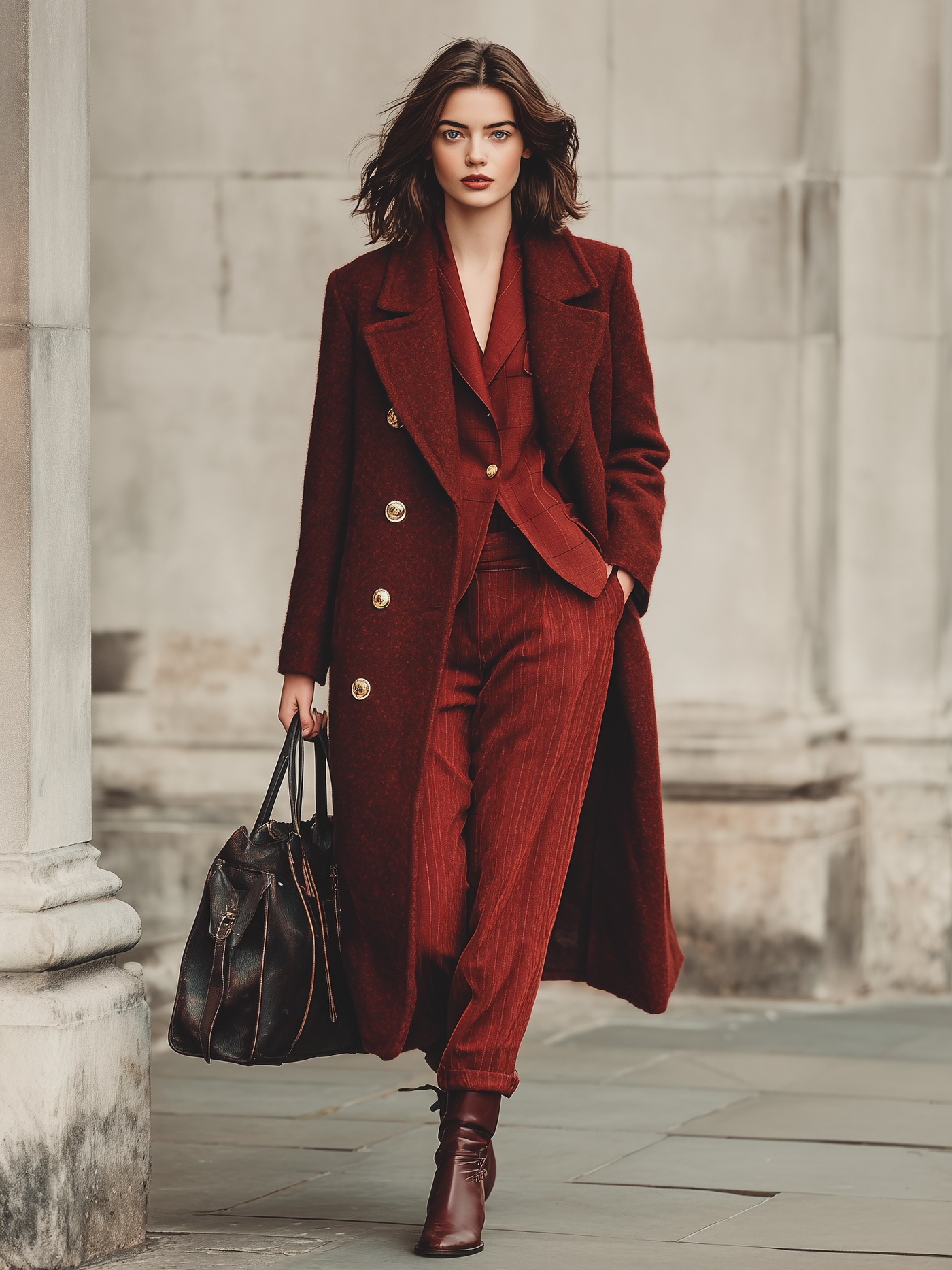 Minimalist double-breasted long coat with wool blend