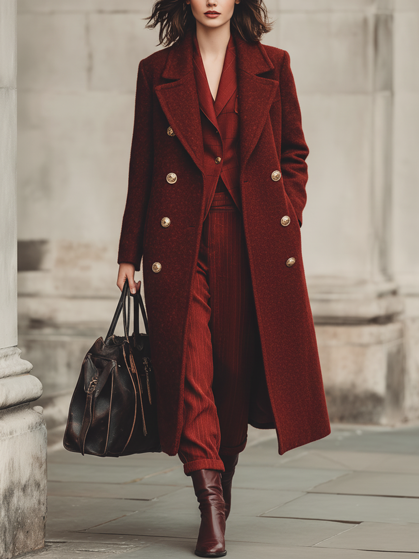 Minimalist double-breasted long coat with wool blend