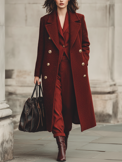 Minimalist double-breasted long coat with wool blend