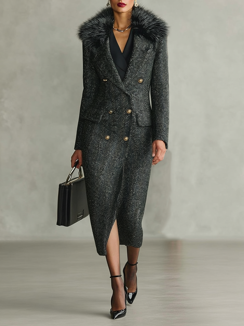 Long coat with detachable fur collar and minimalist herringbone design