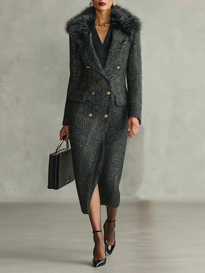 Long coat with detachable fur collar and minimalist herringbone design