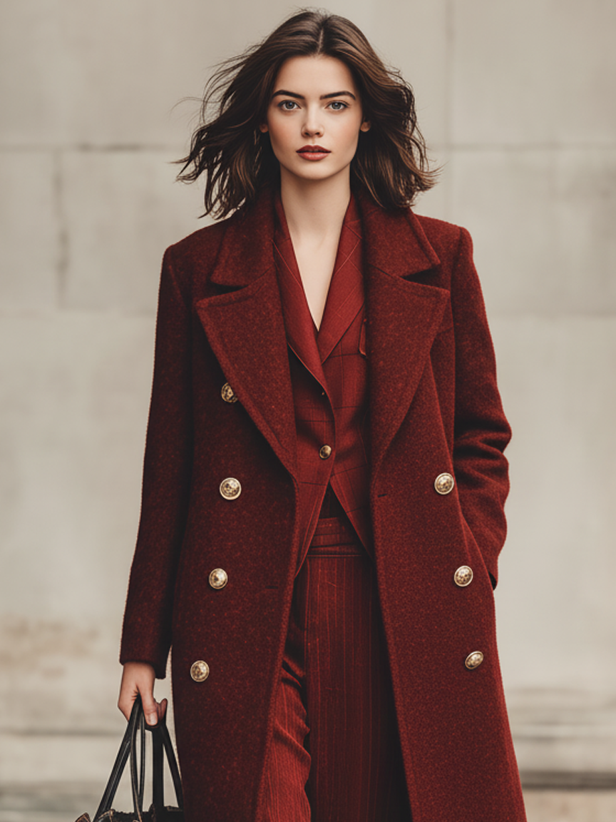 Minimalist double-breasted long coat with wool blend