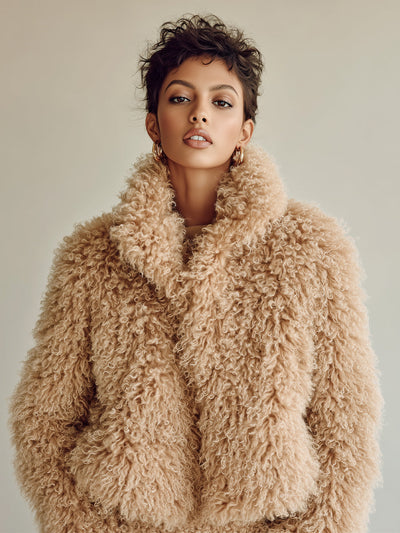 Beige faux fur cropped jacket with wide collar