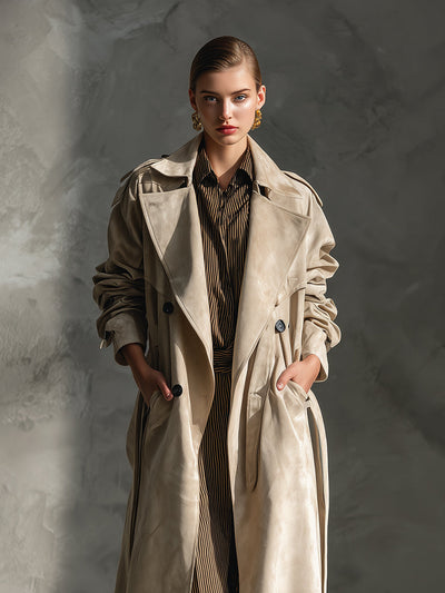 Classic beige suede gabardine coat with double-breasted buttons