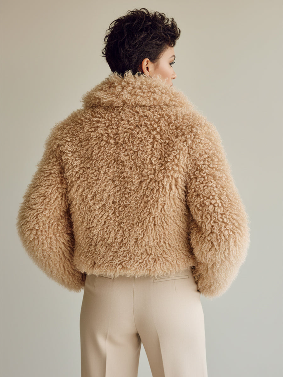 Beige faux fur cropped jacket with wide collar