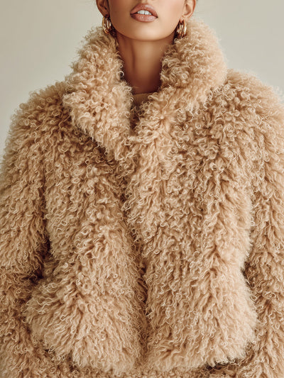 Beige faux fur cropped jacket with wide collar