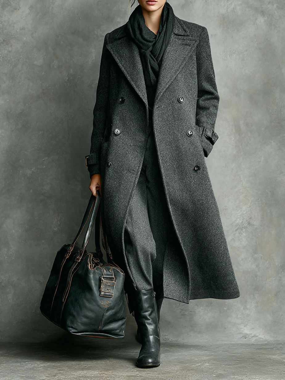 Long double-breasted wool blend coat