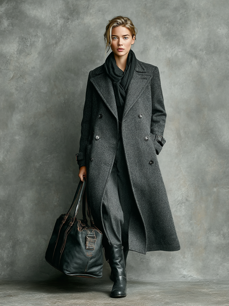 Long double-breasted wool blend coat
