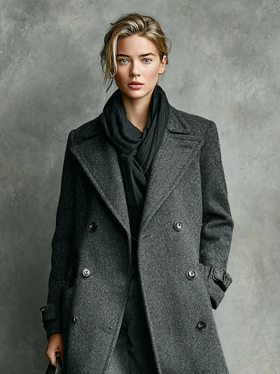 Long double-breasted wool blend coat