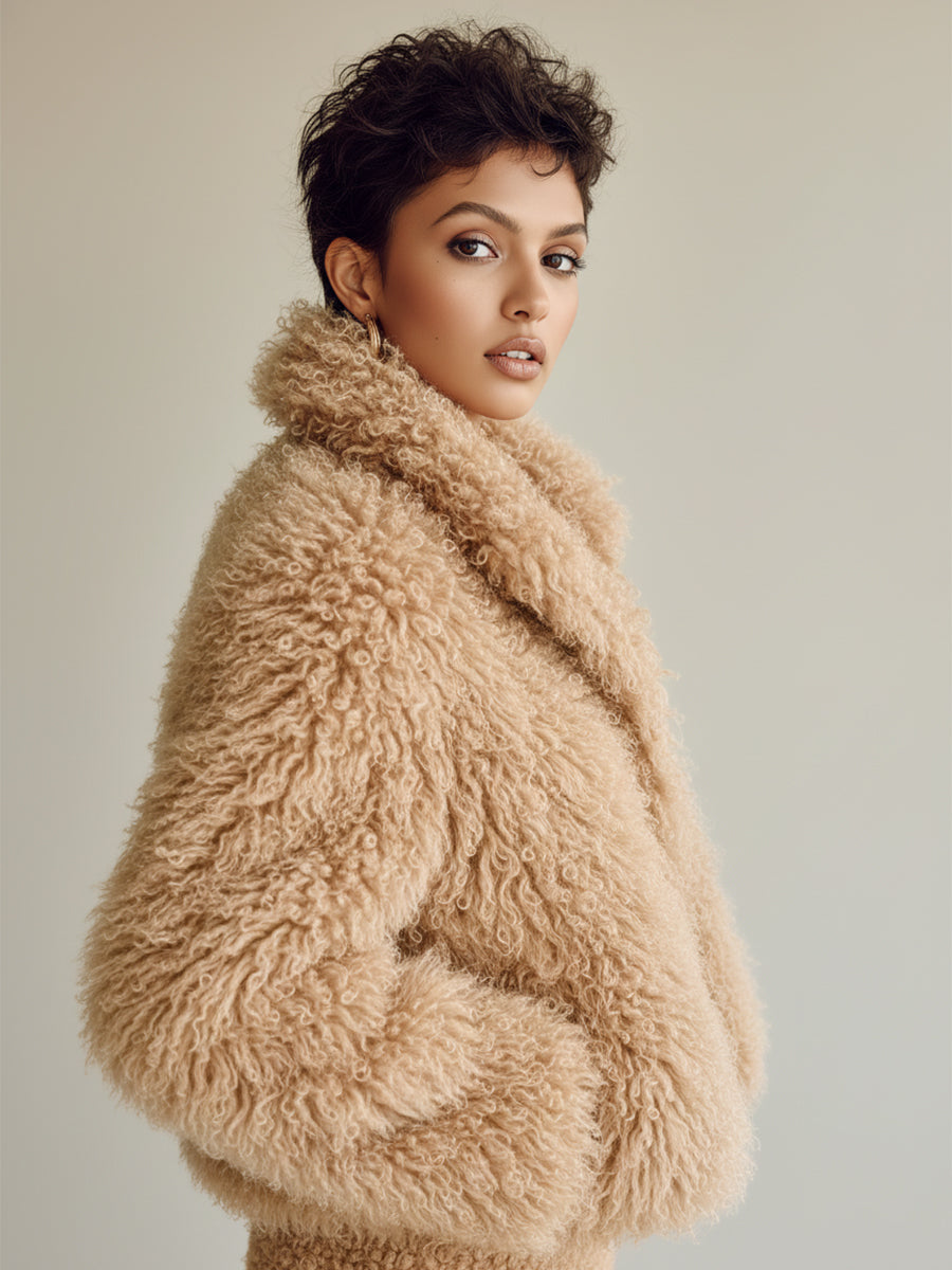 Beige faux fur cropped jacket with wide collar