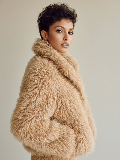 Beige faux fur cropped jacket with wide collar